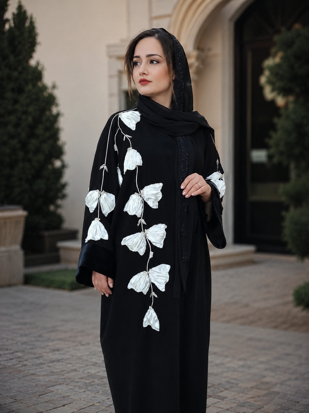 عبا مشکی کار دست با گل برجسته سفید